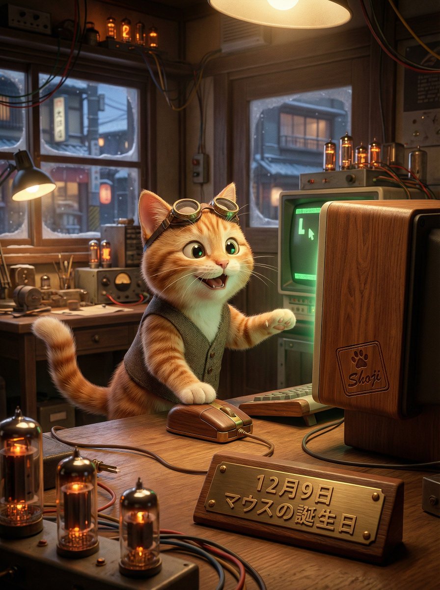December 9th is "Mouse Birthday"! 🖱️✨
#ShojiCatCalendar
On this day in 1968, Douglas Engelbart unveiled "The Demo," introducing the world to the computer mouse and changing how we interact with technology forever.

Our Cat engineer is having a "Eureka!" moment with a retro