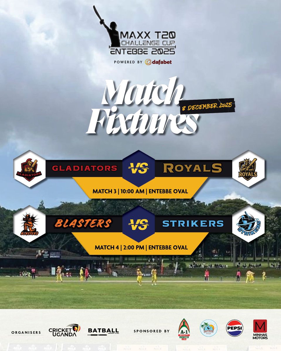 Back at it in Entebbe! 

Day 2 brings two more fixtures to look forward to at the #MaxxT20CC2025.

Catch all the action live on sportvot.com/tv and cricketlounge.tv

#Cricket4All