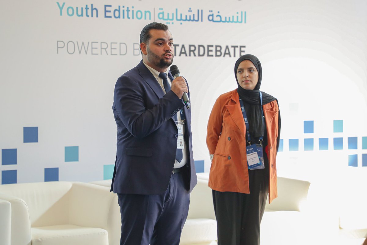QatarDebate's tweet photo. Our youth leaders actively participated in the Main Doha Forum over the past two days, delivering recommendations on Geopolitics, Emerging Tech, and Security. Youth voices were strongly present at the global dialogue table—and that is the real empowerment we seek.

#QatarDebate | #DohaForum