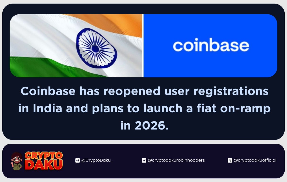 📢Coinbase has reopened user registrations in India and plans to launch a  fiat on-ramp in 2026. After a pause of more than two years, crypto exchange  Coinbase has opened its app for