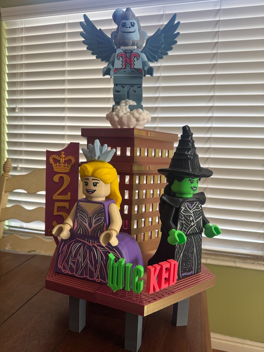 reprinted3D's tweet image. I finished the #Wicked project. It's meant to resemble a theater entrance (ground level of the building) w/ giant figures to promote the movie. All the figures are removable. The flying monkey sits on a cloud, atop a 1" dia., 10" tall acrylic rod. The rear-lit windows are resin.