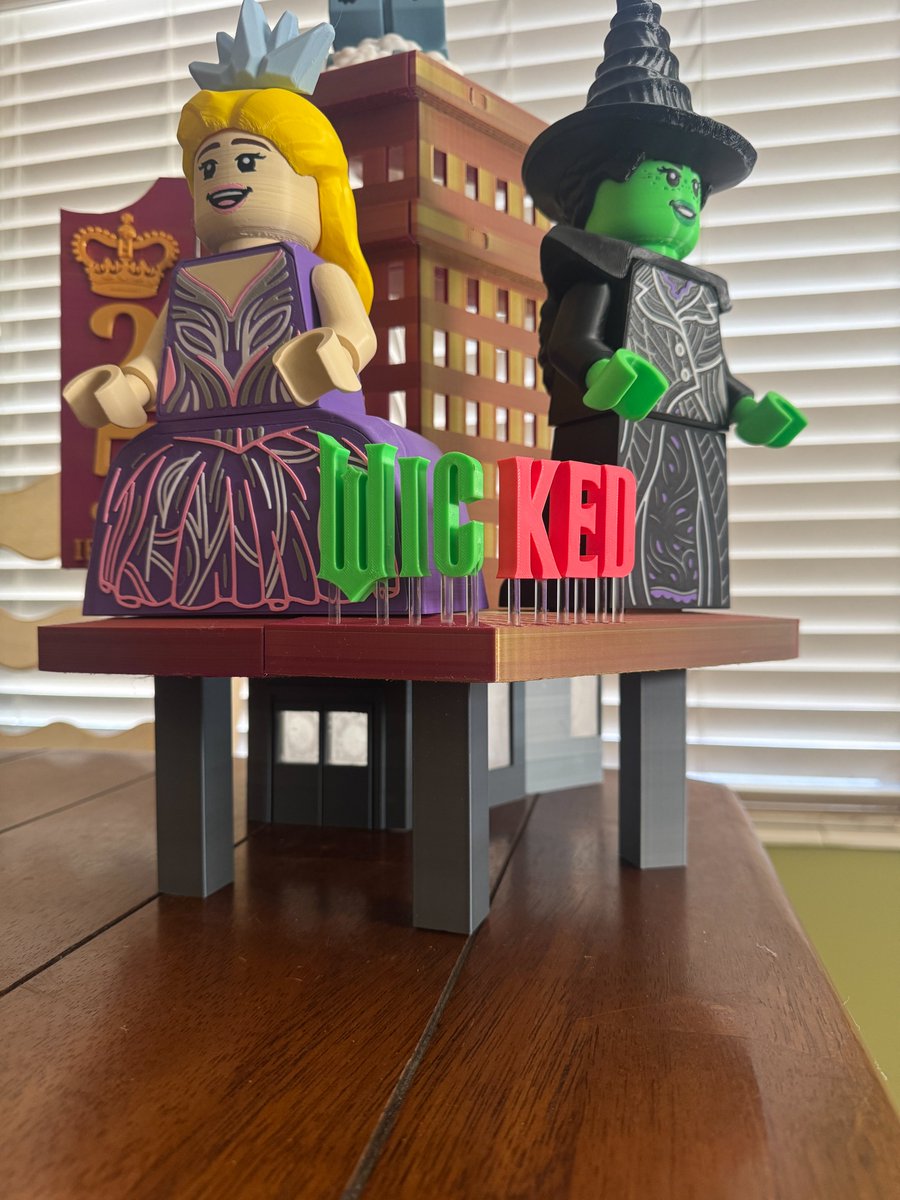 reprinted3D's tweet image. I finished the #Wicked project. It's meant to resemble a theater entrance (ground level of the building) w/ giant figures to promote the movie. All the figures are removable. The flying monkey sits on a cloud, atop a 1" dia., 10" tall acrylic rod. The rear-lit windows are resin.