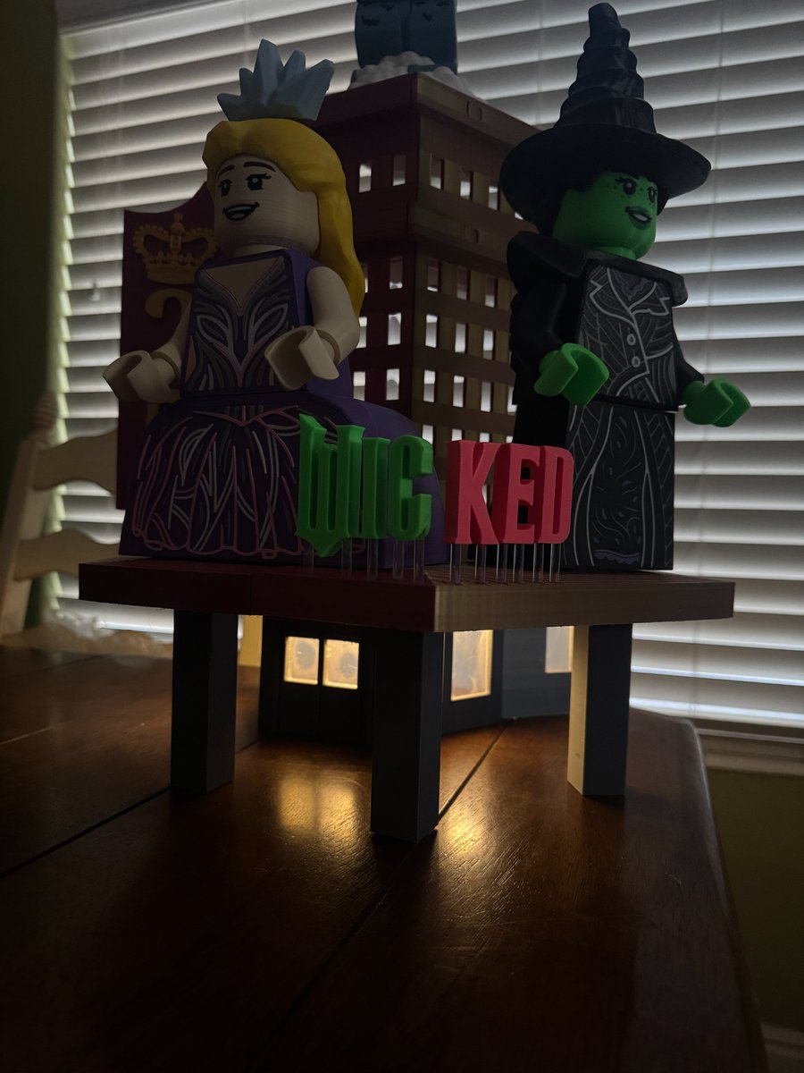 reprinted3D's tweet image. I finished the #Wicked project. It's meant to resemble a theater entrance (ground level of the building) w/ giant figures to promote the movie. All the figures are removable. The flying monkey sits on a cloud, atop a 1" dia., 10" tall acrylic rod. The rear-lit windows are resin.