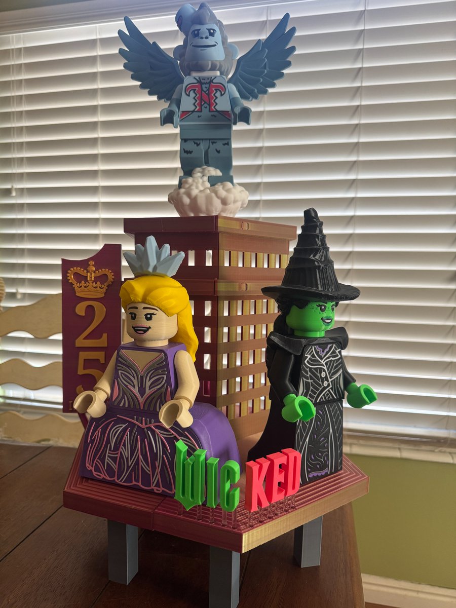 reprinted3D's tweet image. I finished the #Wicked project. It's meant to resemble a theater entrance (ground level of the building) w/ giant figures to promote the movie. All the figures are removable. The flying monkey sits on a cloud, atop a 1" dia., 10" tall acrylic rod. The rear-lit windows are resin.