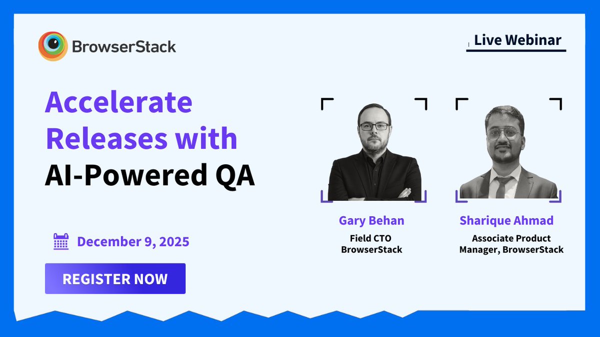 browserstack's tweet image. 🚀 One day to go! 🚀 
Want to ship faster without breaking quality? 

Join us for a power-packed webinar on how AI is transforming the way modern teams test, debug, and release featuring Gary Behan &amp;amp; Sharique Ahmad

📅 December 9, 2025

You’ll learn how to auto-generate test…