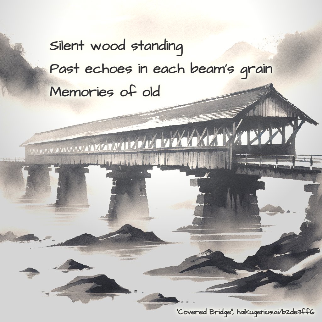 Silent wood standing
Past echoes in each beam's grain
Memories of old
"Covered Bridge", haikugenius.ai/b2de3ff6

✨ Create your own beautiful haiku with stunning generative art—free and no signup needed! Try it now: haikugenius.ai

#CoveredBridge #haiku #haikudaily