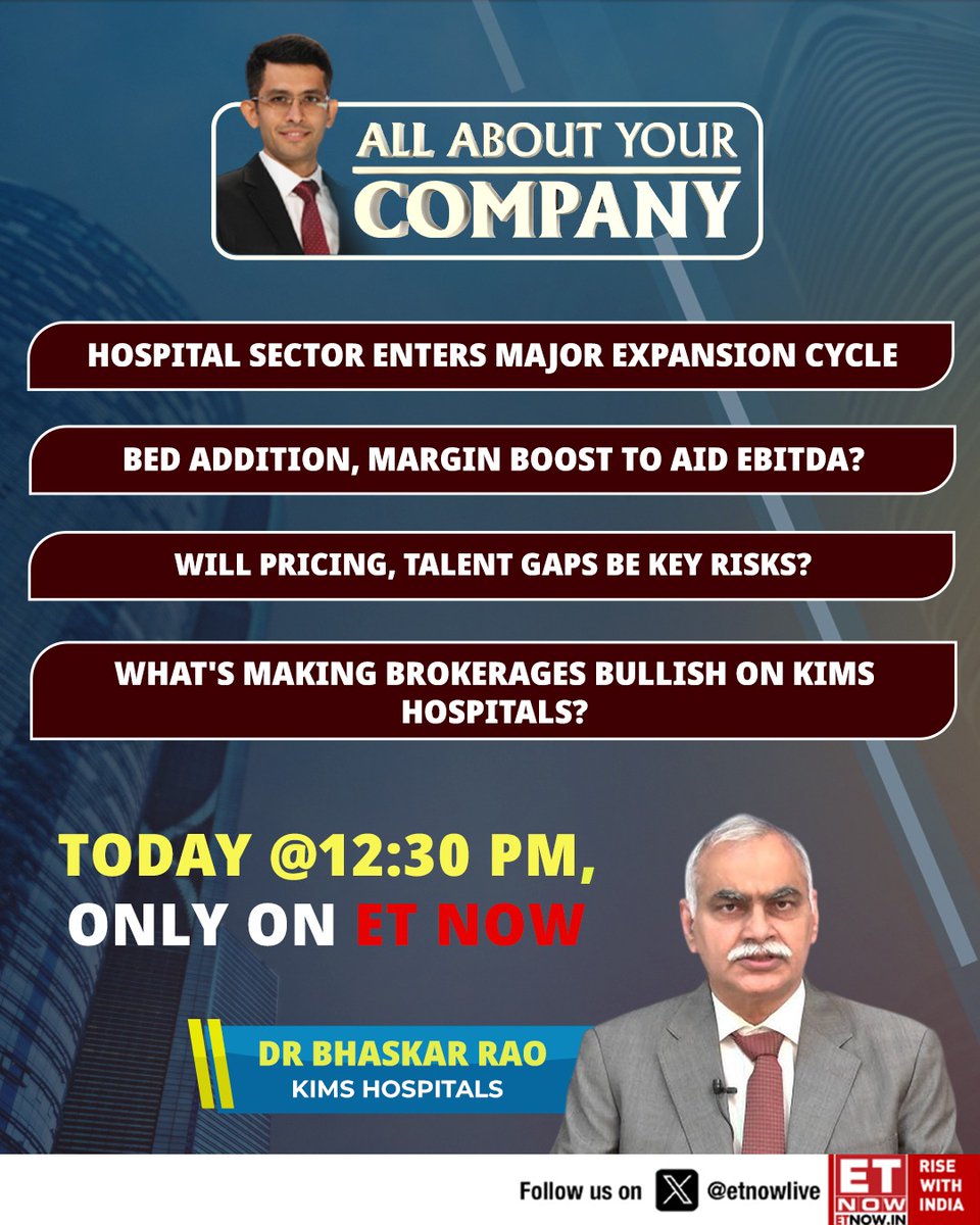 ETNOWlive's tweet photo. Dr. Bhaskar Rao of KIMS Hospitals decodes the sector’s expansion, margins, risks, and growth outlook on “Know All About Your Company” today at 12:30 PM on #ETNOW
@hershsayta @kimshospitals #HospitalSector #HealthcareGrowth https://t.co/mdYQOdmhZ5