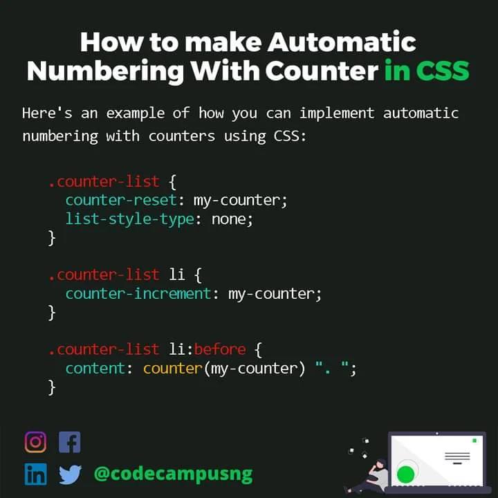 codecampusng's tweet image. Want to learn more programming concepts and tips.?

Follow @codecampusng for more

How to make Automatic Numbering with counters Using CSS

Begin your journey as a Developer today. Click the Link in Bio

#vscode #sourcecode #programming #javascript #js #framework #internet #web