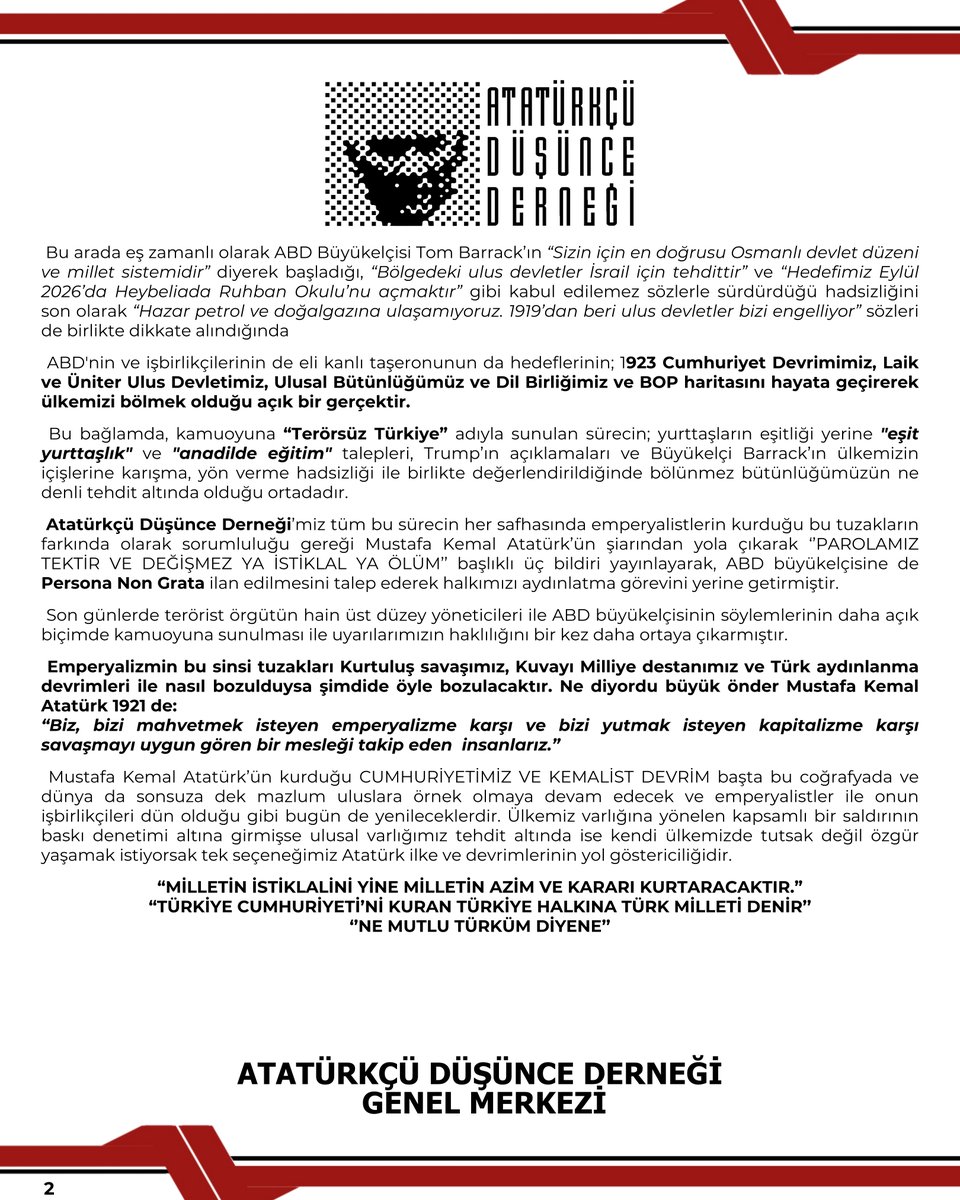 Atatürkçü Düşünce Derneği 2025 Yılı Genel Danışma Toplantımız, Şube ve Temsilcilik Başkanlarımız ile Yönetimlerinin katılımıyla, 06.12.2025 tarihinde, Atatürkçü Düşünce Derneği Genel Merkezi Prof. Dr. Muammer Aksoy Yerleşkesi’nde gerçekleştirilmiştir. 

Oy birliği ile kabul