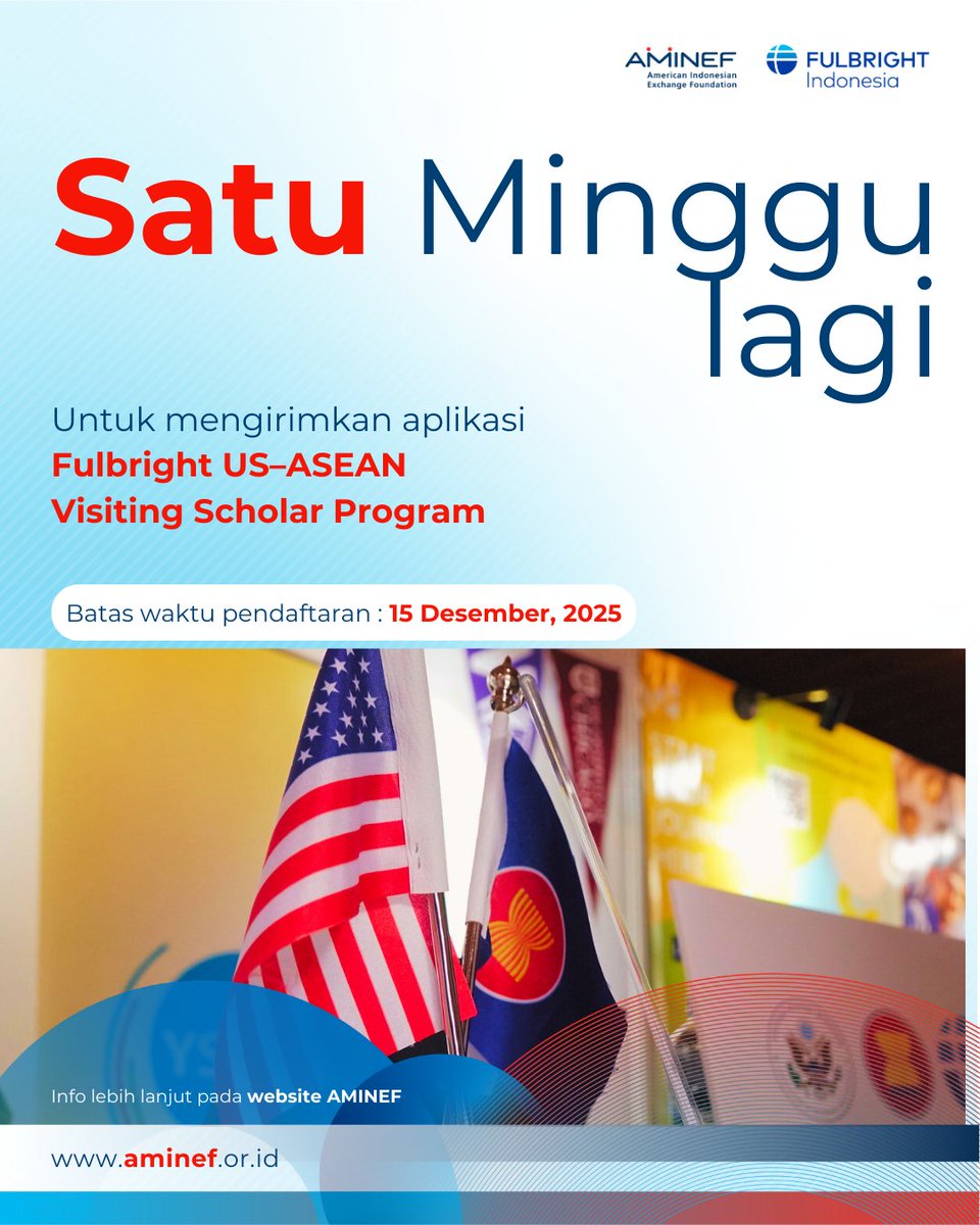 1 minggu menuju deadline! 🌍
Daftar Fulbright U.S.–ASEAN Visiting Scholar Program untuk riset 3–4 bulan di AS.
🗓 Batas waktu: 15 Des 2025
🔗 Info &amp; aplikasi: bit.ly/info-Fulbright…

#FulbrightIndonesia #FulbrightUSASEAN
