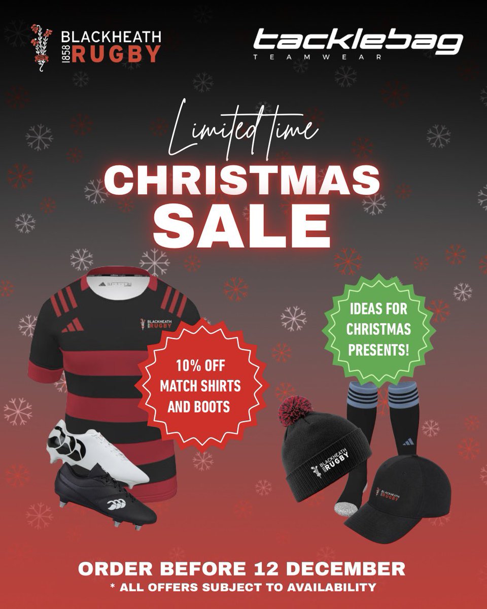 Blackheath_1858's tweet photo. Thinking about getting some Club Christmas presents? @TacklebagLtd are currently offering match shirts and boots at a 10% discount (if ordered before 12 Dec), and they also have some other goodies that could fit under the Christmas tree!

https://t.co/Lr0HSSR4LZ

#blackheathrugby https://t.co/leagXZCI16