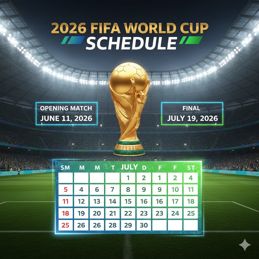 vaskar1980's tweet image. 2026 FIFA World Cup Schedule is here! ⚽🌍
Get ready for a month of world-class football across USA, Canada &amp;amp; Mexico!
Opening Match: June 11, 2026
Final Match: July 19, 2026
Let the countdown begin! ⏳🔥
More news: omly.store/PTmqr
#FIFAWorldCup #WorldCup2026 #Football