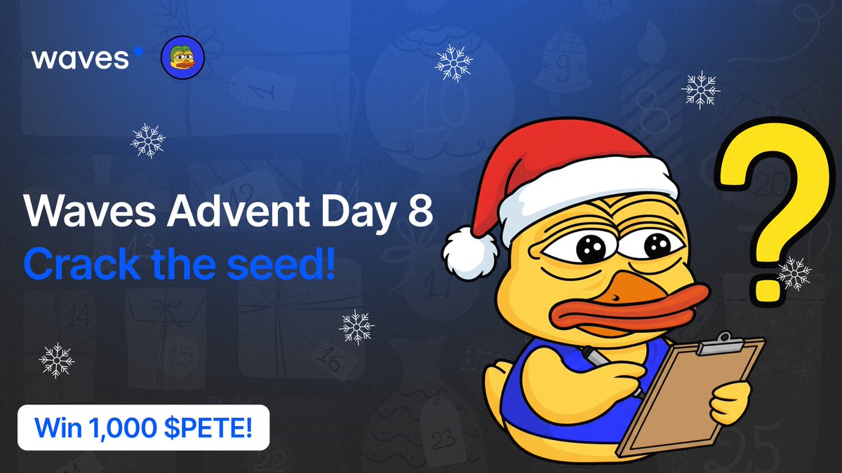 wavesprotocol's tweet photo. 🎄 Waves Advent Calendar — Day 8

Think you’re fast? Smart? Lucky? Prove it! 🐳

🎯 Your Task for today
✅ Launch Pete Quiz Bot 👉https://t.co/hhknMn62hc
✅ The bot generates a wallet address tied to your Telegram account
✅ Top up this address with any amount of $PETE from your Waves wallet
✅ Entry cost: 1 PETE per attempt. Want another try? Also 1 PETE — unlimited attempts 
✅ Your bot wallet balance = your game balance
✅ Start solving until someone cracks all 20 words

Complete the full phrase → unlock the wallet → win 1000 $PETE 🏆

💡 Need a hint?
Clues may appear in Pete community chats — keep your eyes sharp! 
🇬🇧 Group👉https://t.co/tfJBcaaMpp
🇷🇺 Group👉https://t.co/If5BF2wff2

May your answers be sharp, your luck be wild, and your holiday spirit be unstoppable! 🔥