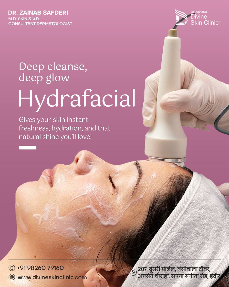 drzainabsafderi's tweet image. Deep cleanse, deep glow 
Reveal radiant, hydrated &amp;amp; fresher-looking skin with our advanced Hydrafacial, no pain, no downtime… just instant results you’ll love!

#hydrafacial #hydrafacialindore #divineskinclinic #drzainabsafderi #skincareindore #glowingskin #hydratedskin