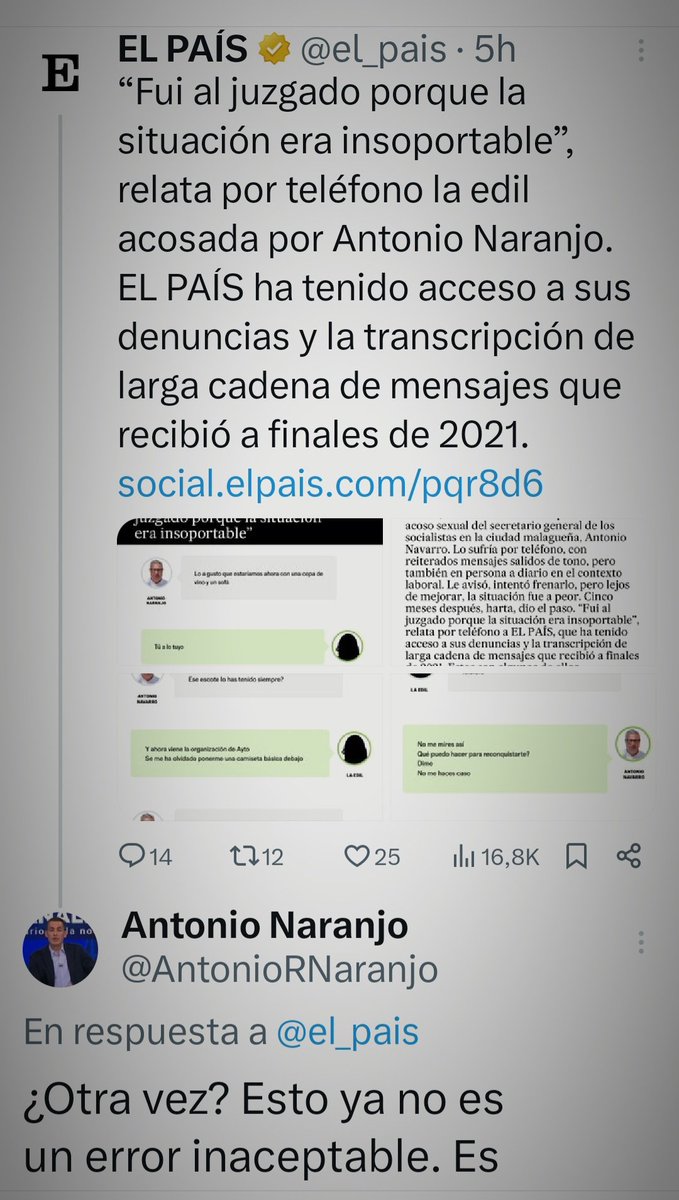 AntonioRNaranjo's tweet photo. . @el_pais ha publicado un texto visto por miles de personas en el que se ponía mi nombre en lugar del de un concejal del PSOE presuntamente acosador. Lo ha mantenido publicado pese a cientos de avisos. Y cuando lo ha borrado... lo ha vuelto a publicar. No basta ya con borrar. https://t.co/tz8OZvxTlk