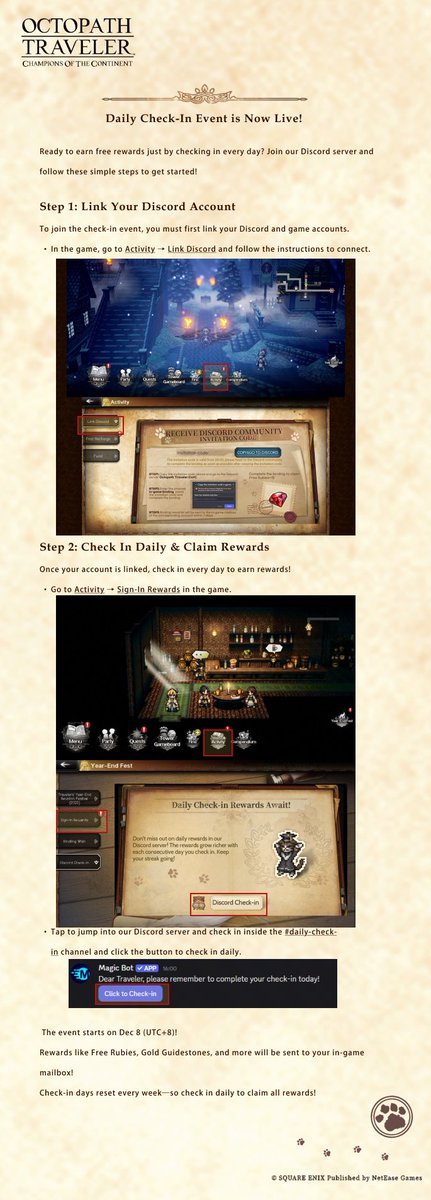 octopath_cotc's tweet image. Greetings Travelers,

Our Daily Check-In Event has officially launched!

Check in every day on our Official Discord server to earn Free Rubies, Gold Guidestones, Traveler's Sacred Seals, and more exciting rewards! 🎁

➡️ Join now: discord.gg/CGDr3aGupZ
#OCTOPATHCotC