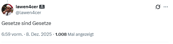 EUZI  <a href="/lawen4cer/">lawen4cer 🏴‍☠️</a>:  Gesetze sind Gesetze!
Wer Hitler und Honecker folgte, sagte das sicher auch schon.

Wichtige Gesetze und Verordnungen der NSDAP gegen Juden (1933–1945)
Die NSDAP erließ im NS-Regime zahlreiche antisemitische Gesetze und Verordnungen, die die jüdische