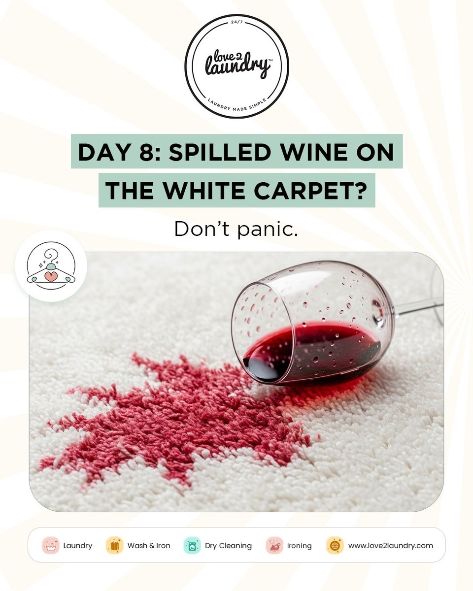 Love2Laundry's tweet image. Red wine on a white carpet… we’ve all been there.

Dab, don’t rub — and let us handle the rest.

Book your emergency pickup and we’ll make that stain disappear.
.
🌐 | love2laundry.com
.
.
#Love2Laundry #StainRemovalExperts #EmergencyCleaning #LaundryService #UK #London