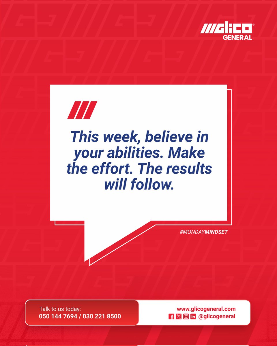 Glicogeneral's tweet image. Step into this week with confidence, your hard work will pay off. With GLICO General by your side, you can focus on progress while we take care of your protection.

#GLICOGeneral #MondayMindset #ProgressWithProtection #NewWeekNewGoals