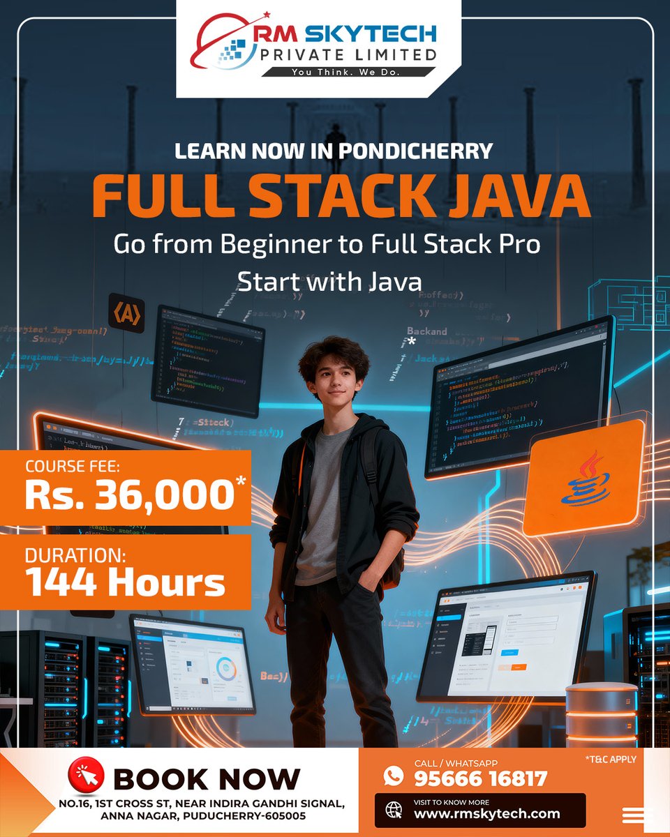 RMSkyTech1's tweet image. Level up your career in Pondicherry! Go from beginner to Full Stack Java Pro with RM Skytech. Enroll now for the 144-hour course.
#FullStackJava #JavaDevelopment #FullStackDeveloper #JavaTraining #CodingLife #Programming #BackendDevelopment #FrontendDevelopment