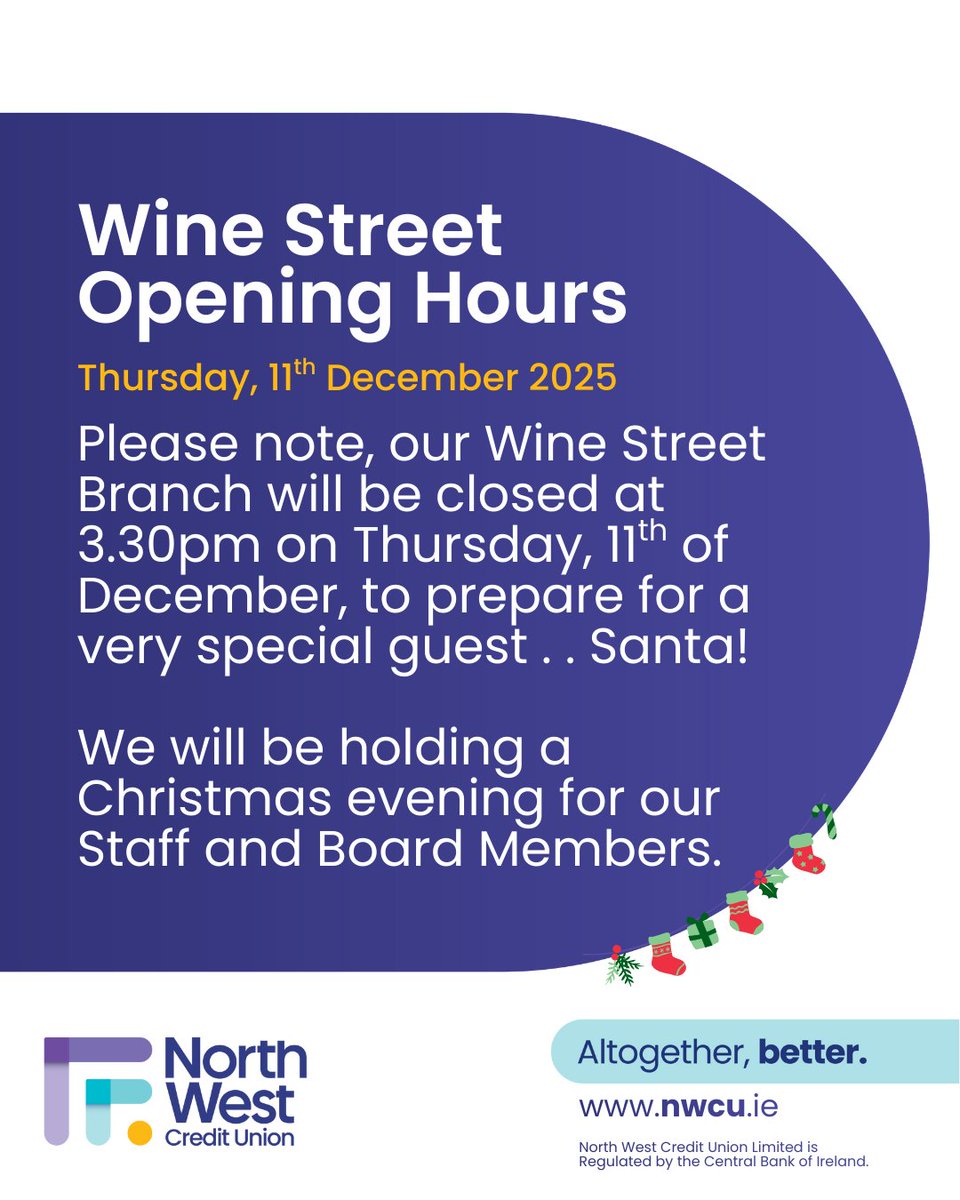 NorthWestCU's tweet photo. Please note that our Wine Street Branch will close at 3.30pm on Thursday, 11th December, as we prepare for a very special visitor - Santa! We will be hosting a Christmas evening for our staff &amp; Board Members. Apologies for any inconvenience caused &amp; thank you for understanding. https://t.co/LEbzr87w8B