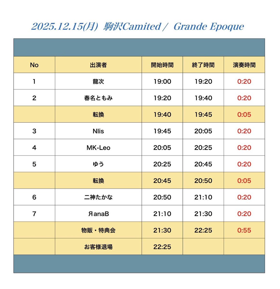 12/15(月) Grande Epoque at駒沢Camited

Open 18:45-
Start 19:00-

現地前売り¥3,400
当日¥4,400 各＋1D↓
tiget.net/events/444492

配信チケット¥2,500↓
ssl.twitcasting.tv/kmzw_camited/s…