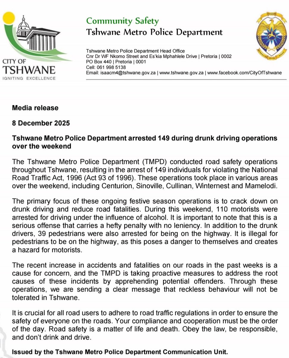 Tshwane Metro Police tweet media
