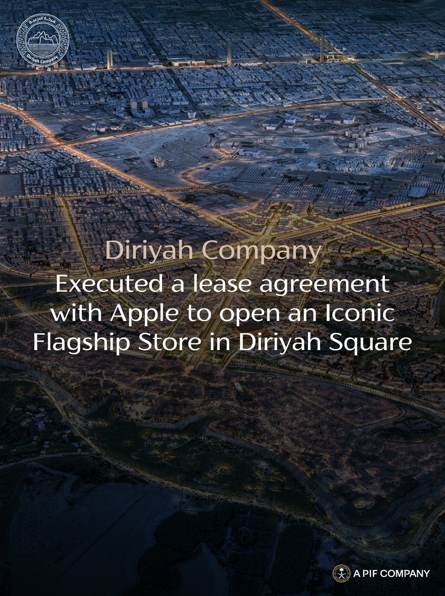 DiriyahCo's tweet photo. #DiriyahCompany has signed a lease agreement with Apple to open an iconic flagship Apple Store in the heart of #DiriyahSquare. A milestone that strengthens the district’s position as Saudi Arabia’s premier lifestyle and retail destination in #TheCityOfEarth. https://t.co/i8AdiLcrhA