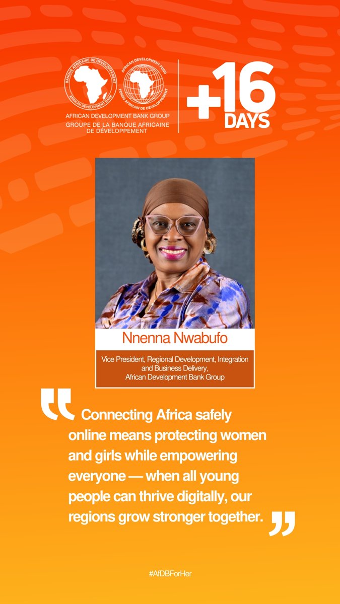 NnennaNwabufo's tweet photo. 1/3: As we mark #16Days of Activism Against Gender-Based Violence, it’s clear that Africa’s digital transformation must also prioritise the safety of women and girls online. A connected continent should also be a protected one.
#OrangeTheWorld #EndGBV #AfDBForHer https://t.co/y0TGm6Ysmg