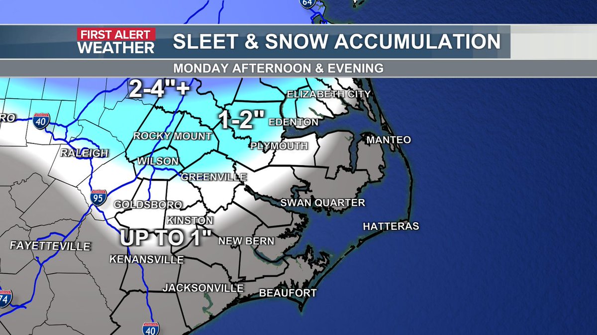 No big changes but a little more optimistic the change over happens quicker for parts of ENC. Dropped the up to 1" and 1-2" area a little more south. Virginia is the place to be. Along and south of US 70 could see flakes but it won't stick.  #ncwx
