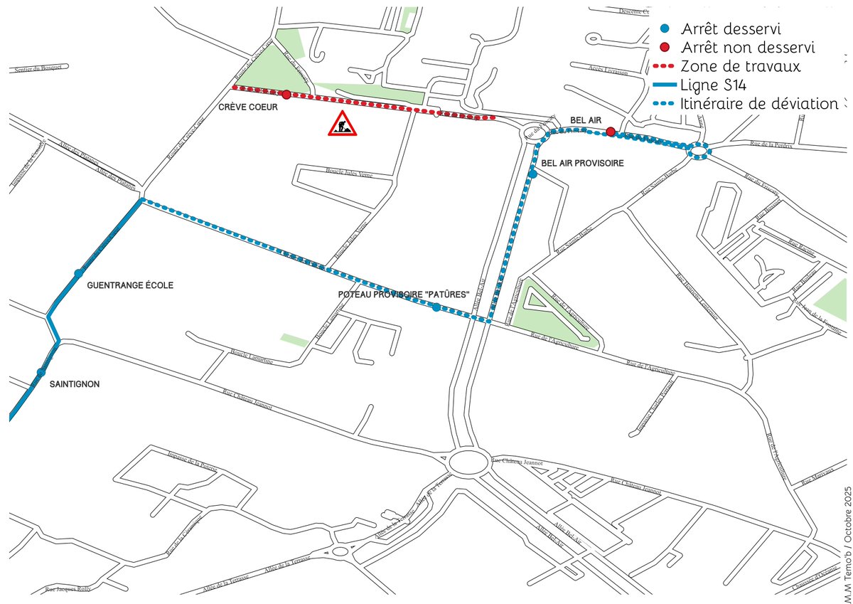 Temob_Bus's tweet image. 🚧 [INFO TRAFIC] 🚧
La ligne S14 est déviée à Thionville, rue du Friscaty dès le 8 décembre. L'arrêt CRÈVE COEUR est reporté à Bel Air.
➡️ Info : citeline.fr/info-trafic/
#TransportThionville #Déviation