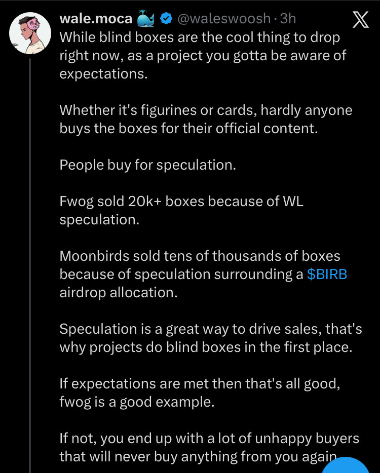 I’m starting to see a pattern here 😂 and it’s actually hilarious! 
Whale is trying to tell you that people are buying Phygital boxes because some kind of expectations, we all know why he is talking about this specific topic even tho he’s not mentioning the project. 
He was the
