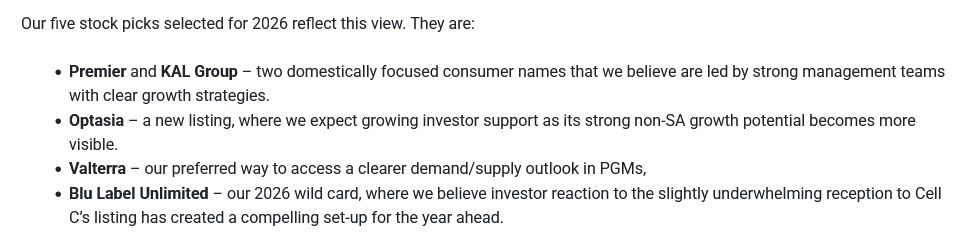 Anchor Group's Top 5 stocks for 2026 are announced

Two I agree with as I cover them closely $JSEKAL KAL Group &amp; $JSEPMR Premier Group

The other three are not in my coverage universe

Read the <a href="/AnchorCapitalZA/">Anchor</a> article here

anchorcapital.co.za/local-research…