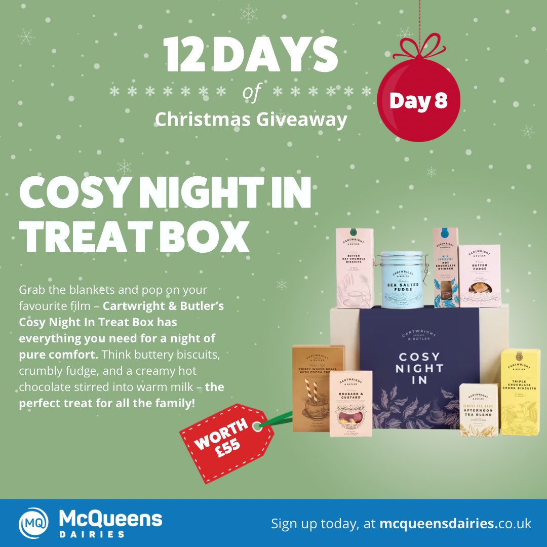 ✨12 days of Christmas competition✨

🎅Day 8 - Cosy Night In Treat Box

HOW TO ENTER: 
🎁FOLLOW @dairiesmcqueens
🎁LIKE AND RETWEET
🎁TAG A FRIEND

🎉EXTRA ENTRIES are also available on our Facebook and Instagram.