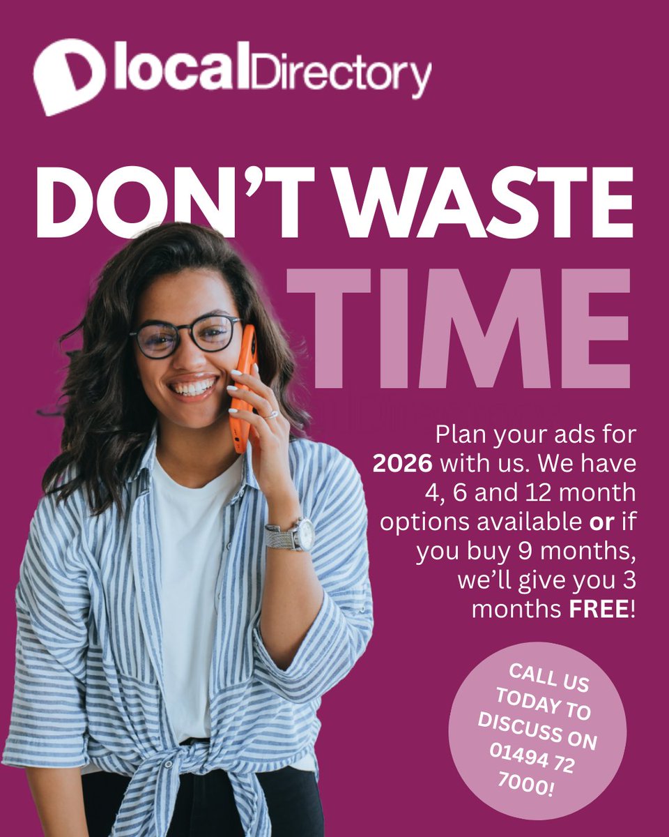 ⏰ Don’t waste time — plan ahead! Get your advertising sorted for 2026 with Local Directory. Choose from 4, 6, or 12-month plans — or grab 9 months and get 3 FREE!  📞 Call us today to secure your space: 01494 72 7000 #localdirectory #magazineadvertising #leafletdistribution