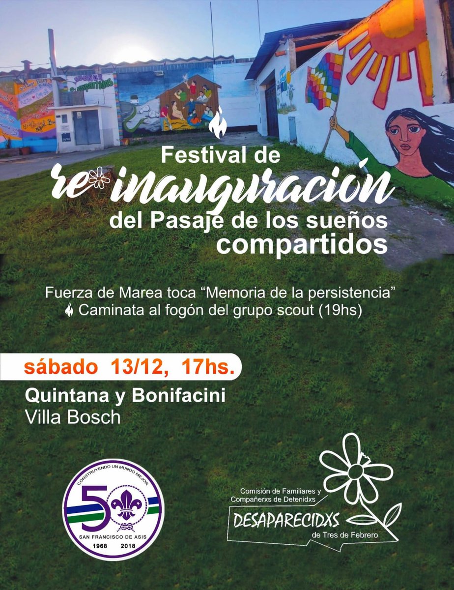 Después de 15 años, reinauguramos el Pasaje de los Sueños Compartidos, uno de los primeros proyectos de esta etapa de la Comisión de Familiares y Compañerxs de Detenidxs Desaparecidxs de Tres de Febrero.

Sábado 13 de diciembre - 17 h. #VillaBosch