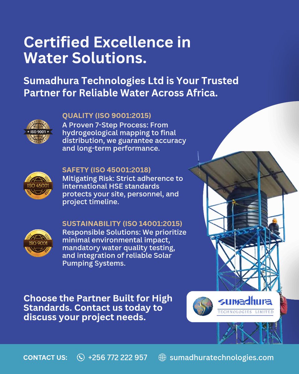 SumadhuraL's tweet photo. Sumadhura Technologies Ltd is the only ISO 9001:2015, ISO 45001:2018, ISO 14001:2015 Certified drilling Company in Uganda. #water #watersupply #drilling https://t.co/EjdECZcfwp