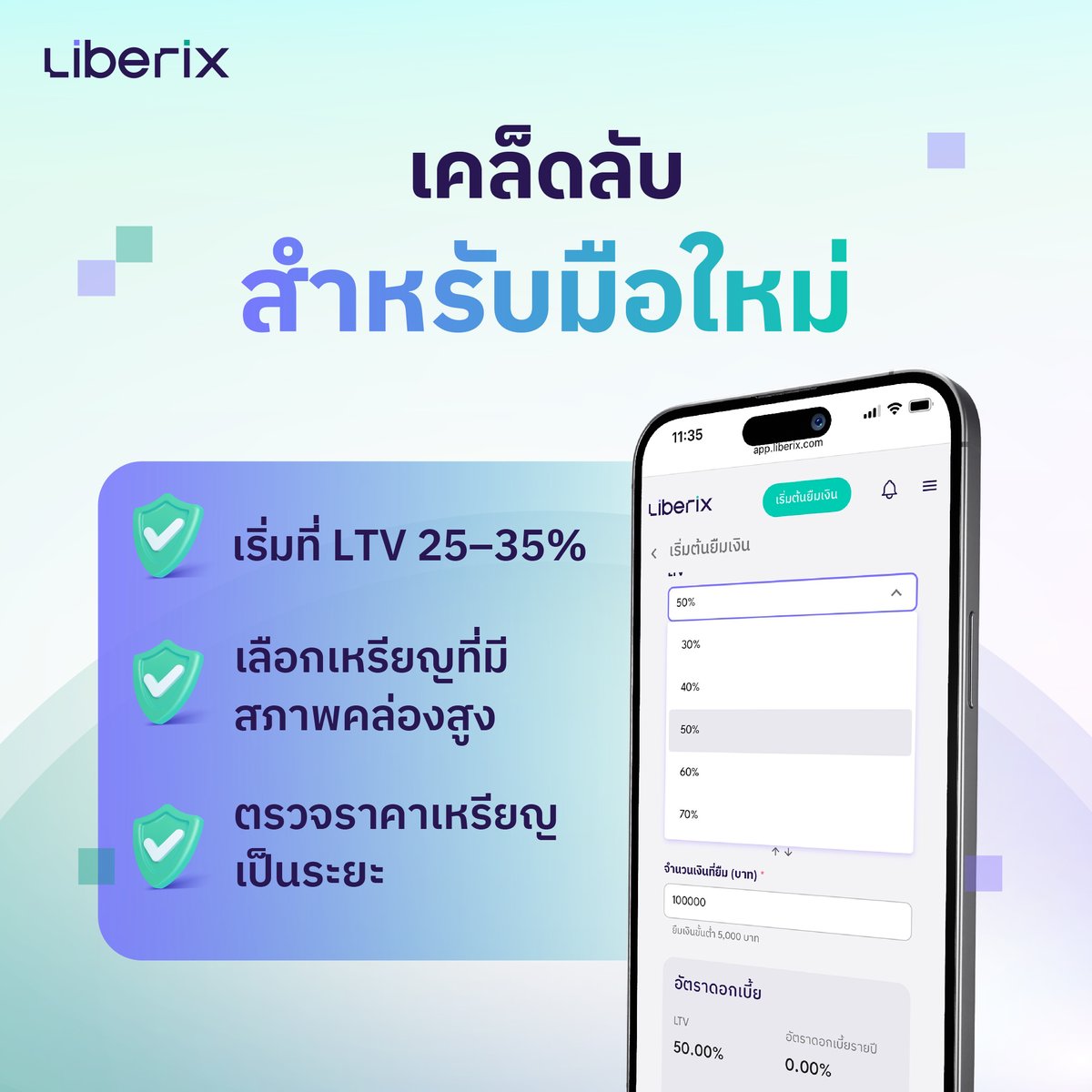 ถ้าคุณกำลังคิดจะ “ยืมเงินบาทด้วยคริปโต” สิ่งสำคัญที่สุดที่ต้องเข้าใจคือ LTV (Loan-to-Value) อัตราส่วนนี้เปรียบเทียบระหว่าง มูลค่าหลักประกัน กับ จำนวนเงินที่คุณกู้ และมันคือหัวใจของการบริหารความเสี่ยง

ตัวอย่างง่าย ๆ
วาง BTC มูลค่า 100,000 บาท
ยืมออกมา 30,000 บาท
➡️ LTV = 30%
