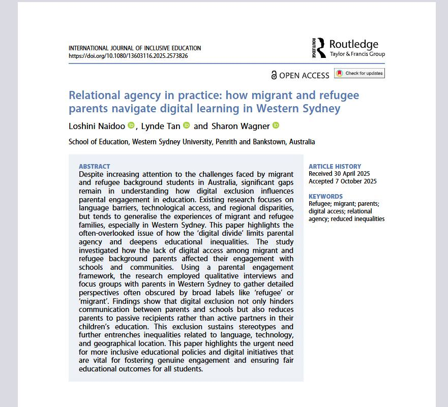 tan_lynde's tweet photo. Interested in #DigitalExclusion issues and the power of #ConvivialTechnologies? Check out our open-access study on how #migrant and #refugee parents navigate digital learning in #WesternSydney.
🔗 https://t.co/eCy9dsUYUf https://t.co/7dU70u0V8q