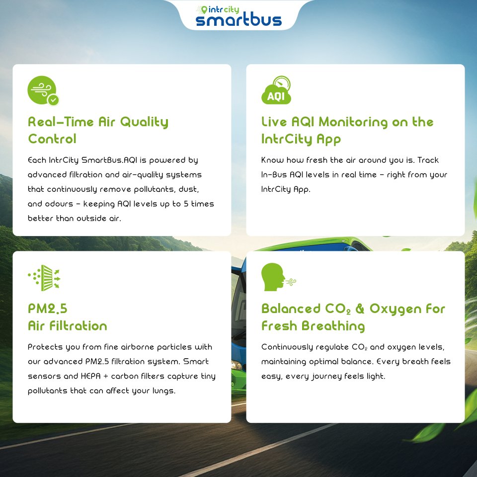 With IntrCity SmartBus, breathe cleaner air, enjoy on-time comfort, and stay connected throughout your trip.
#TravelFresh #StaySmart #IntrCitySmartBus #CleanAirOnboard #SustainableTravel #Respirer
