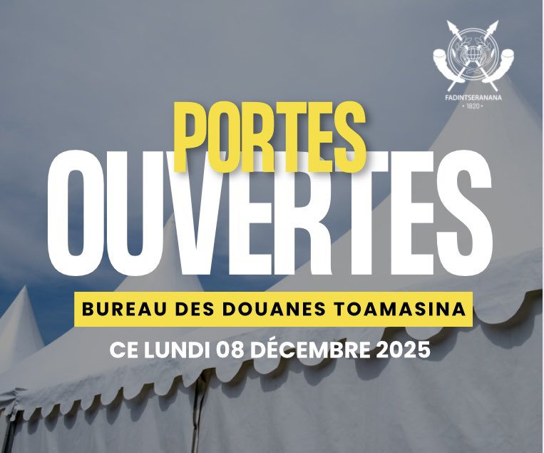 𝗣𝗢𝗥𝗧𝗘𝗦 𝗢𝗨𝗩𝗘𝗥𝗧𝗘𝗦 – 𝗧𝗢𝗔𝗠𝗔𝗦𝗜𝗡𝗔

Les portes du bureau des Douanes de Toamasina vous sont ouvertes toute la journée.

Soyez les bienvenus ! 😊