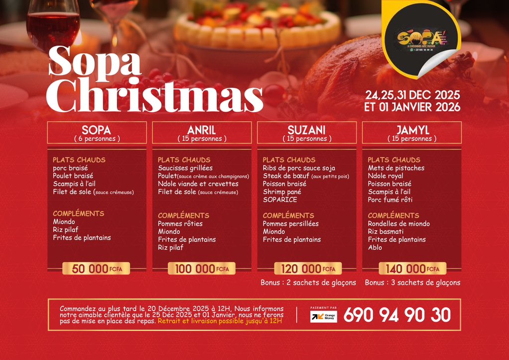 🎉 *SopaFood vous présente son menu traiteur spécial Fêtes !* 🎄

*NE CUISINE PAS !*  
« L’énergie la moins chère est celle qu’on ne consomme pas » 😉

Pas de stress, pas de désordre en cuisine… *on gère, tu profites !* 

📞 Infos &amp; commandes : 690949030
Partagez svp