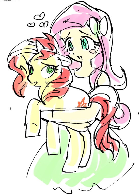 #Fluttershy  #sunsetshimmer  #mlpeg
エクエストリアに戻った訳でもなくなにかの弾みでシマーさんがこっちの世界でポニーのすがたになってしまいてんやわんや（フラッターシャイに可愛い可愛いされることを含む）する話とか見たいなあ、誰かそういう同人誌描いてないかなあと思っています