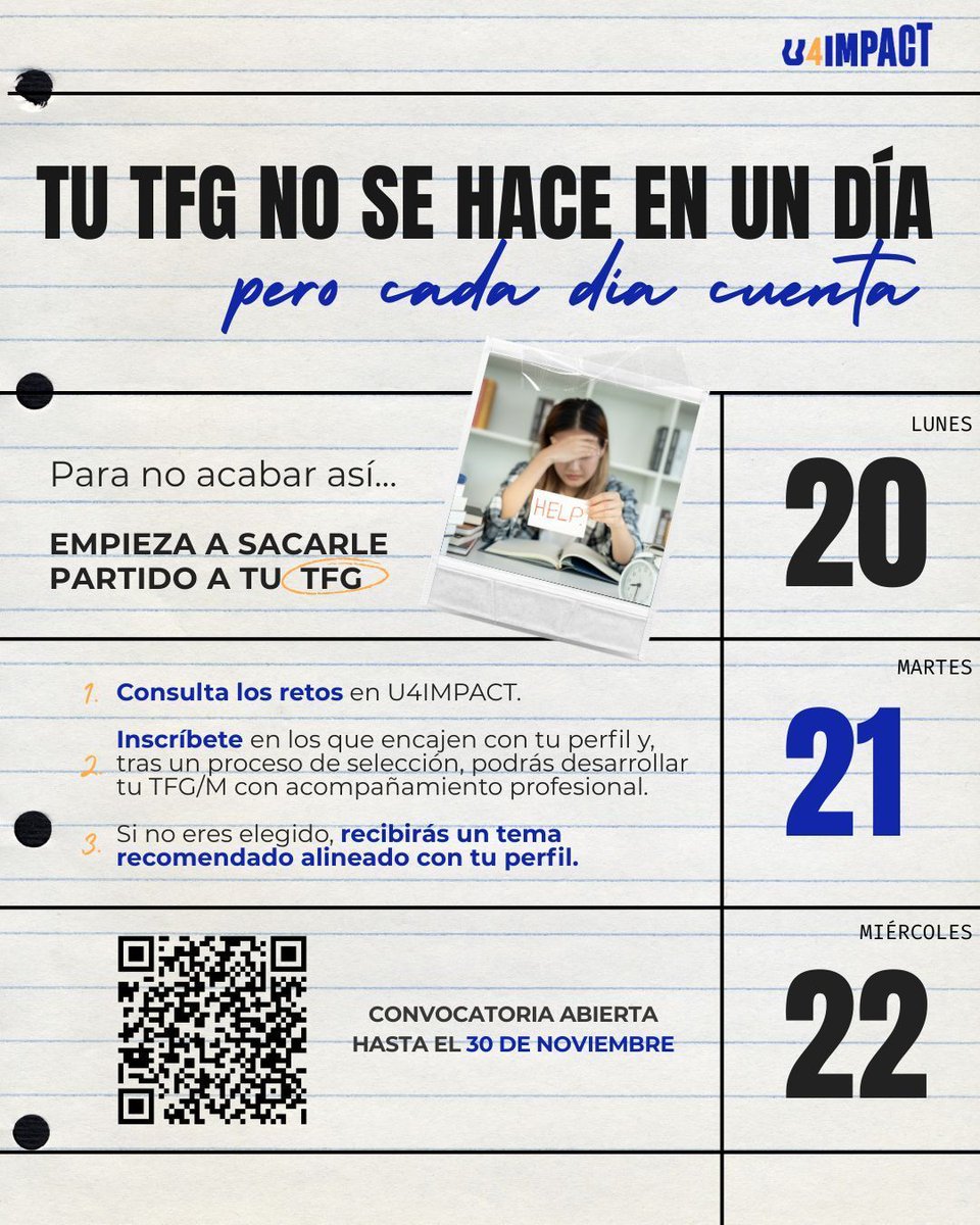 🚀 Impulsa tu carrera con Con U4IMPACT.
Tu #TFG y #TFM son tu pase VIP al mundo laboral: 
🤝 Conecta con empresas que buscan talento joven.
🌍 Genera impacto positivo con tu proyecto, para ti y para el🌍
📣 ¡Inscripción ampliada hasta el 20 de diciembre!
short.upm.es/duesz