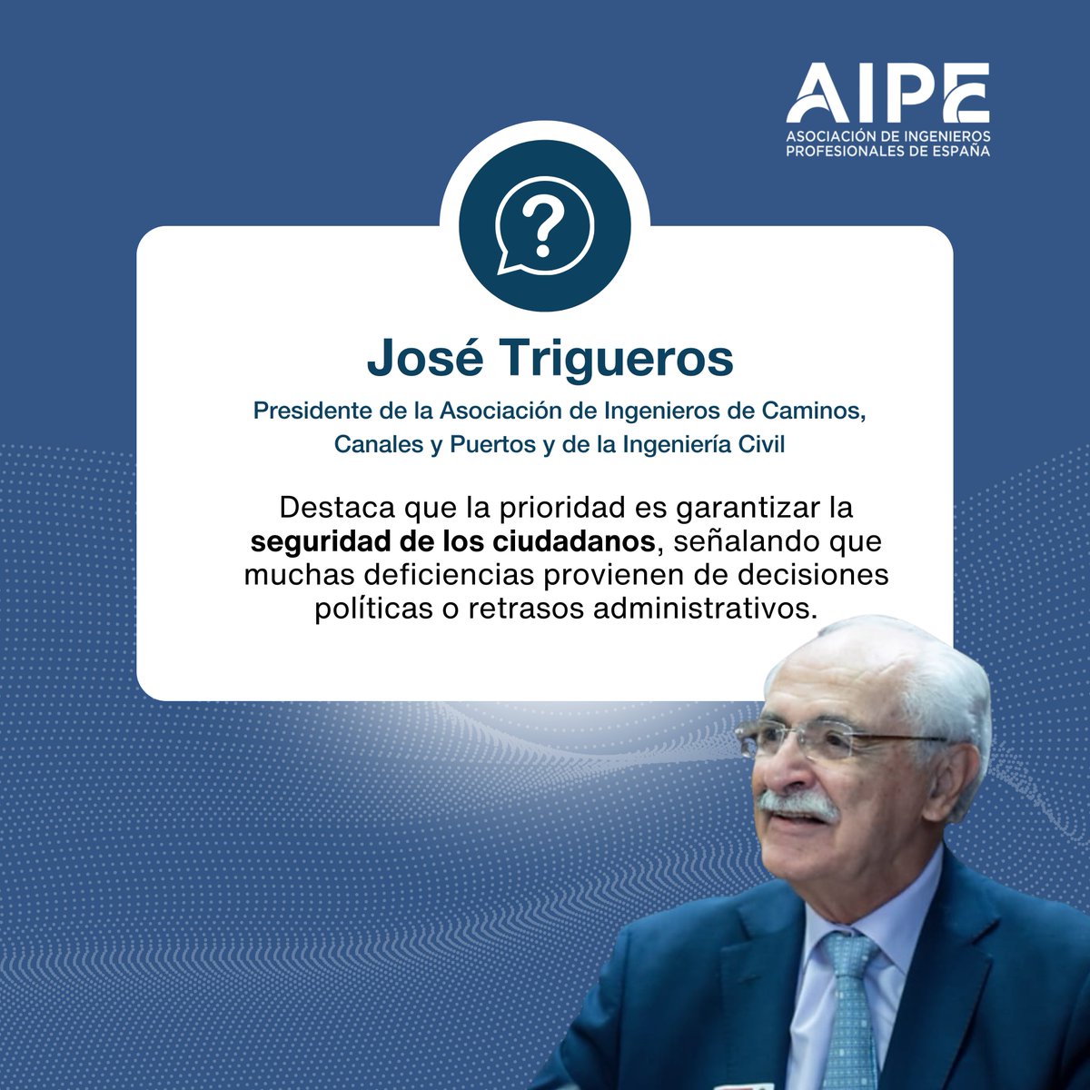 🏗️ José Trigueros, presidente de la Asociación de Ingenieros de Caminos, destaca que la seguridad ciudadana depende más de decisiones políticas que de la práctica profesional 🌍.

🔗 elperiodicodelaingenieria.es/entrevista-a-j…