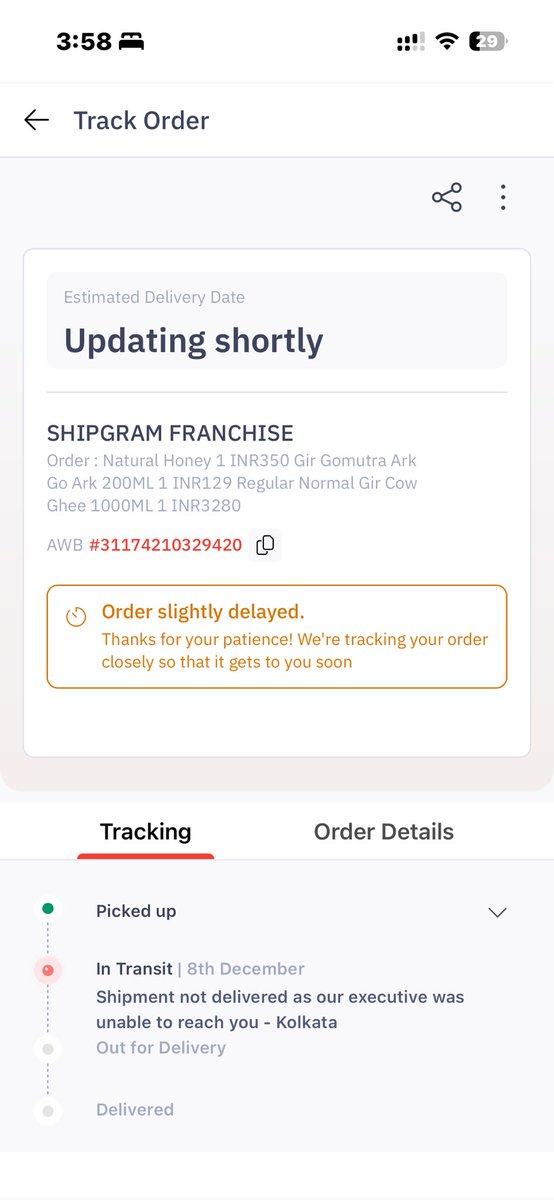 roy_mad's tweet photo. @help_delhivery  sir still parcel not delivered to our address getting message for the last 3 days will be delivered today. What is happening  pls confirm. https://t.co/OgRs139wdm