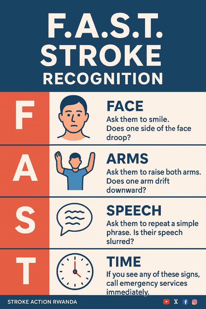 strokeaction_RW's tweet image. Early recognition saves lives. If you notice facial asymmetry, arm weakness, or speech difficulty, respond without delay. By sharing the F.A.S.T. protocol, we help protect our communities and promote timely, life-saving action.