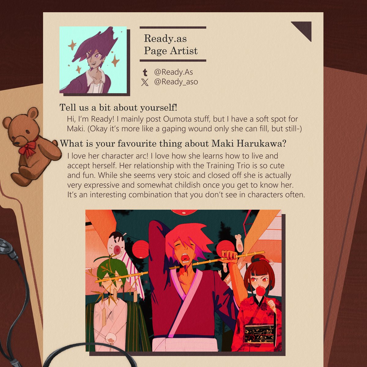 CONTRIBUTOR SPOTLIGHT 🔪🧸

We're delighted to announce Ready, whose page illustration will be as gorgeously composed and coloured as their other works!

TUMBLR: @/readyas
TWT: <a href="/Ready_Aso/">Ready.As</a>