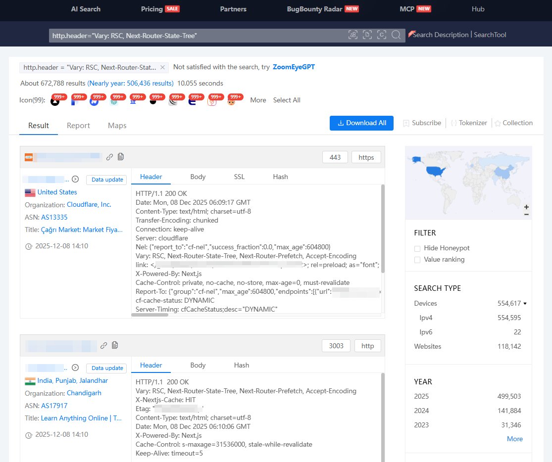 zoomeye_team's tweet image. 🚨 #React2Shell
Using ZoomEye, we&apos;ve identified 672k+ exposed assets potentially affected.
🔍 ZoomEye Dork:
 http.header=&quot;Vary: RSC, Next-Router-State-Tree&quot;

🔗 ZoomEye Link:
 zoomeye.ai/searchResult?q…
