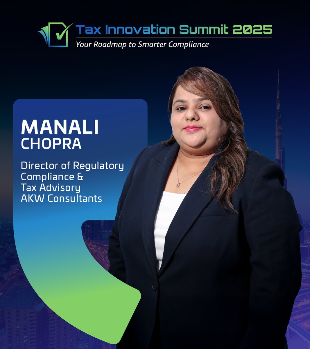 We’re excited to welcome Manali Chopra, Director of Regulatory Compliance &amp; Tax Advisory at AKW Consultants, to the Tax Innovation Summit 2025!
🔗 Register Now: shorturl.at/fvJQB

#TIS25 #TaxInnovationSummit #UAECompliance #TaxLeadership #UAEVAT